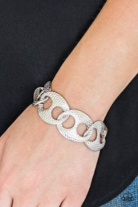 "Casual Connoisseur " Silver Metal Textured Large Fancy Link Clasp Bracelet