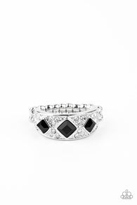 " New Age Nouveau " Silver Metal Black & Clear Rhinestone Elastic Back Ring