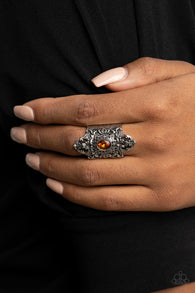 " Perennial Posh " Silver Metal & Brown Rhinestone Rustic Elastic Back Ring