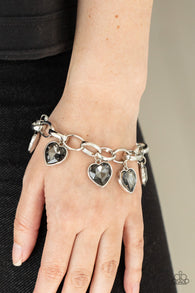 " Candy Heart Charmer " Silver Metal & Gray Rhinestone Heart Charm Bracelet