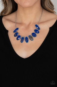 " Elliptical Episode " Silver Chain & Marbleized Blue/Gold Gem Necklace Set