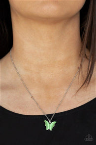 " Butterfly Prairies " Silver Metal & Green Cats Eye Butterfly Necklace Set
