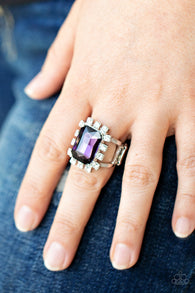 "Galactic Glamour" Silver Metal Purple & Clear/White Rhinestone Ring