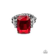 "Epic Proportions" Gunmetal Emerald Cut Red Rhinestone & Hematite Ring