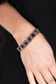" Cache Commodity " Silver metal Red & Hematite Rhinestone Stretch Bracelet