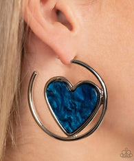"Smitten with You" Silver Metal & Blue Shimmer Marbled Heart in Hoop Earrings