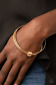 " Bauble Bash " Gold Metal Triple Bangle Multi Textured Encircled Bracelet.
