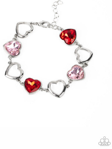 "Sentimental Sweethearts" Silver Metal & Red/Pink Rhinestone Hearts Bracelet