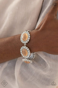" Demurely Diva " Silver Metal Orange Cat's Eye & Rhinestone Clasp Bracelet
