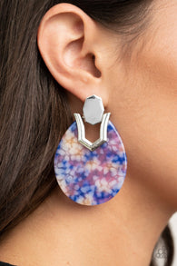 " Haute Flash " Silver Metal & Blue Watercolored Acrylic Drop Post Earrings