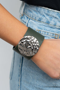 "The Future Looks Bright" Green LEATHER & Silver Hammered Snap Bracelet