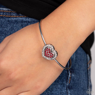 "Stunning Soulmates" Silver Metal & Red/Clear Halo Rhinestone Heart Cuff Bracelet