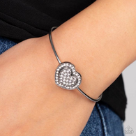 "Stunning Soulmates" Silver Metal & Clear Halo Rhinestone Heart Cuff Bracelet