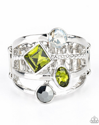 "Urban Meditation" Silver Metal Green, White & Hematite Rhinestone Elastic Back Ring