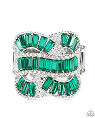 "Six-Figure Flex" Silver Metal & Multiple Green Emerald Cut Rhinestones Elastic Ring