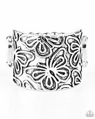 " Butterfly Bayou " Silver Metal Multi Embossed Butterfly Elastic Back Ring