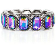 "Studded Smolder" Silver Metal Multi Oil Spill Emerald Cut Rhinestone Stretch Bracelet