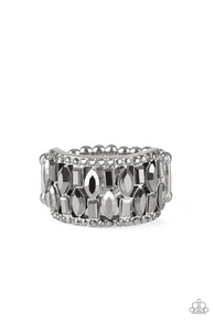 "Treasure Trove Tribute" Silver Metal Hematite Row Band Elastic Back Ring