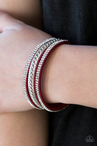 "Unstoppable" Red LEATHER & Silver Chain & Clear Rhinestone Snap Bracelet