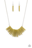 Paparazzi " Exotic Edge " Silver Metal Green Stone Tribal Fringe Spike Necklace Set