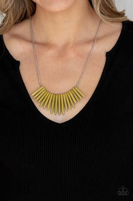 Paparazzi " Exotic Edge " Silver Metal Green Stone Tribal Fringe Spike Necklace Set