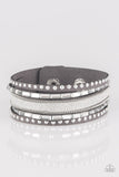 Paparazzi "Seize the Sass" Grey LEATHER Silver Studs, Chains, Rhinestones Snap Bracelet