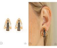 "Bank Night" Gold Metal Black Rhinestone Clip-On Earrings