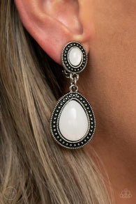 "Carefree Clairvoyance" Silver Metal & White Moonstone Drop Dangle Clip-On Earrings