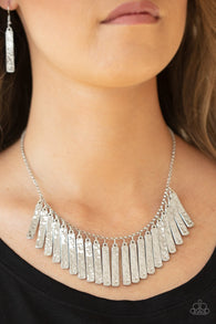 Paparazzi " Metallic Muse " Silver Metal Hammered Fringe Necklace Set