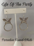 "Paradise Found" Silver Metal & White/Clear Rhinestone Butterfly Hoop Earrings