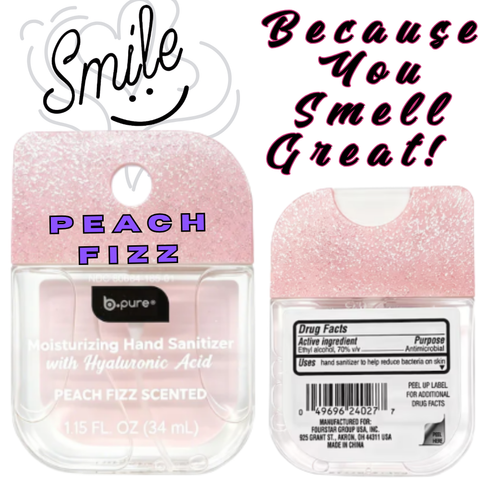 B.Pure - PEACH FIZZ Moisturizing Hand Sanitizer Spray - Glittered Top - VIRAL ITEM!