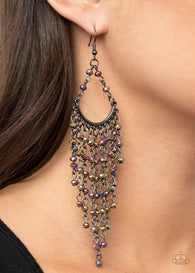 "Metro Confetti" Silver Metal Oil Spill Rhinestone Beaded Tassel Cascade Earrings