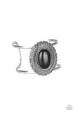 "Extra Empress-ive " Silver Metal & Large Black Stone Scalloped Cuff Bracelet