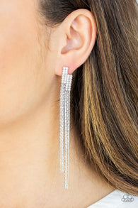 Radio Waves" Silver Metal & Clear/White Rhinestone Tassel Earrings