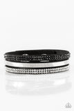 "I Mean Business" Black LEATHER Silver Studs, Chains, Rhinestones Snap Bracelet