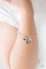 "Treasure Charms" Silver & Black Rhinestone Charms Tension Bracelet