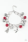 "Lady Love Dove" Silver Metal With Red Pearls & Charms Bracelet