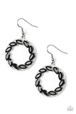 Paparazzi " Global Glow " Silver Metal & Black Rhinestone Wreath Hoop Earrings