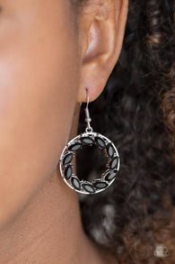 Paparazzi " Global Glow " Silver Metal & Black Rhinestone Wreath Hoop Earrings