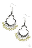 "Babe Alert" Silver Metal & Green Faceted Bead Stone Dangle Earrings