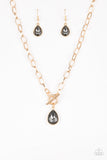 "So Sorority" Gold Smoky Gray Rhinestone Teardrop Toggle Necklace Set