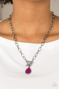 " So Sorority " Black Metal Pink Rhinestone Teardrop Toggle Necklace Set