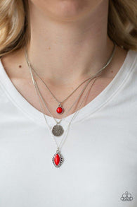 "Tide Drifter" Silver Metal & Red Stone Multi Layered Necklace Set