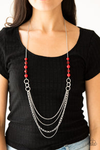 "Vividly Vivid" Silver Metal & Red Beaded Layered Necklace Set