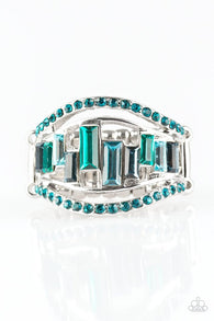 Paparazzi " Treasure Chest Charm " Silver Metal Shades of Blue Elastic Back Ring