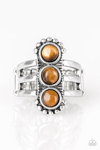 Paparazzi " Rio Trio " Silver Triple Brown Tiger's Eye Stone Elastic Back Ring