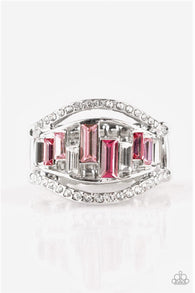 Paparazzi " Treasure Chest Charm " Silver Metal Shades of Pink Elastic Back Ring