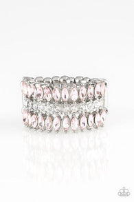 "Treasury Fund" Silver Metal & Pink Marquise Rhinestone Elastic Back Ring