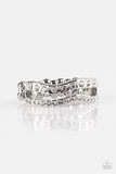 Paparazzi " Elite Squad " Silver Metal & White/Clear Rhinestone Wavy Elastic Back Ring