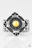 Paparazzi "Four Corners Fashion" Silver Tribal Yellow Crackle Stone Elastic Back Ring